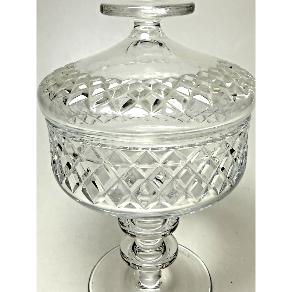 Irish Cavan Crystal Signed Footed Candy Dish w/ Lid Criss Cross Pattern Ireland - Picture 9 of 9